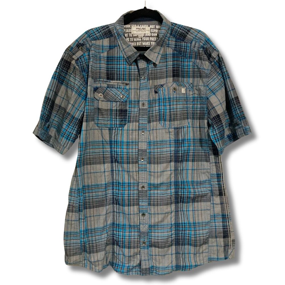 PROJEK RAW Plus-size men's blue grey black plaid shirt ~ 2X XXL short-sleeve top